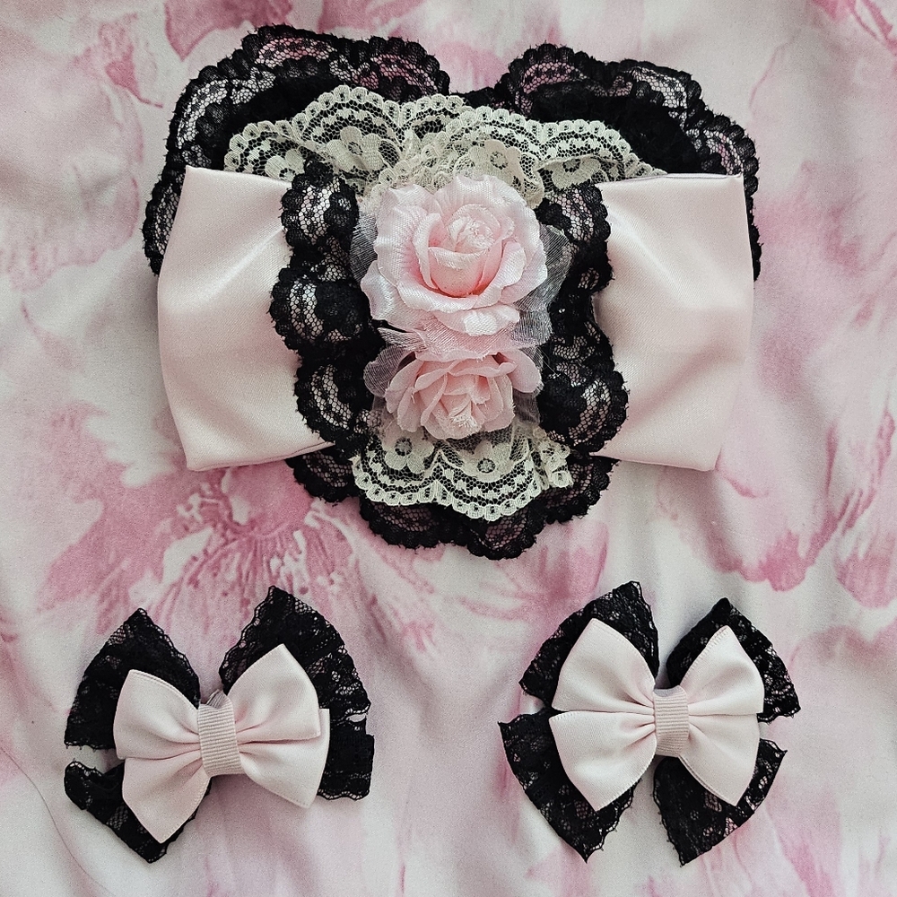 Pink and Black Lace Bow Hair Clip Set with Rose Accent - Women Accessories
